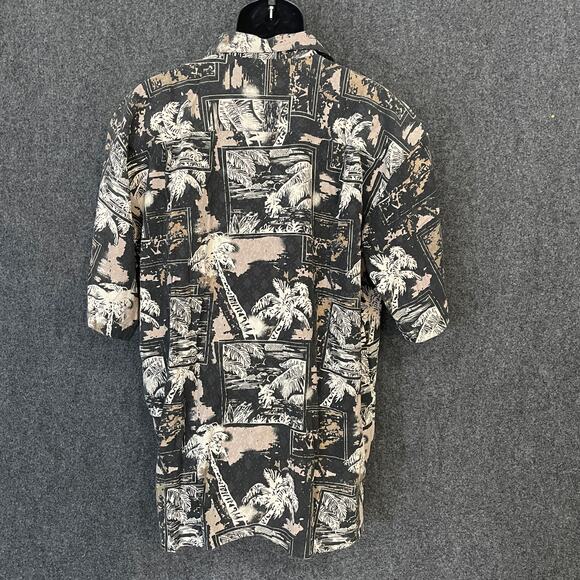 Bobby Chan Silk Hawaiian Shirt Men’s L Black Tan Palm Tree Aloha Friday - Picture 2 of 11